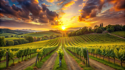 Fototapeta premium Breathtaking vineyard at sunset, showcasing rows of lush grapevines under vibrant sky. warm colors evoke sense of tranquility and beauty in nature