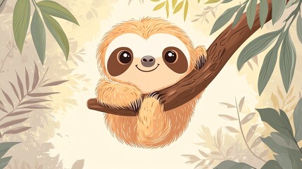 Obraz premium cute baby sloth hanging from a tree branch, smiling Cartoonish style, simple lines, pastel palette Friendly and inviting