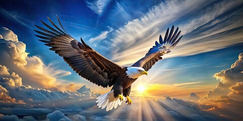 Fototapeta premium A majestic eagle in mid-flight, wings outstretched, talons extended, soaring against a bright blue sky with wispy clouds and a subtle gradient effect.
