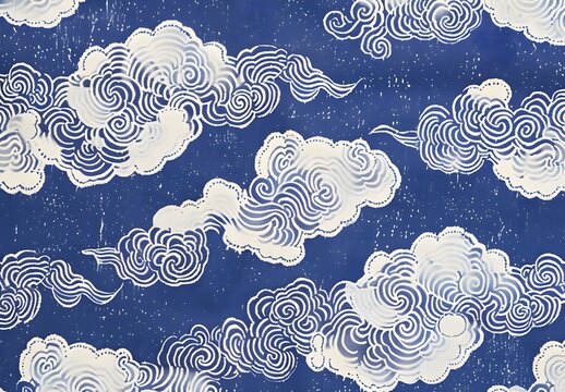 Indigo Blue Batik Fabric with Intricate Cloud Pattern