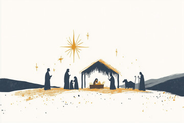 Figures by a manger under a starry sky nativity scene