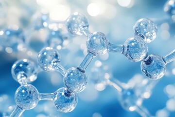 Molecular Structure: A captivating abstract close-up of a translucent molecular structure, with delicate glass spheres connected by thin rods, set against a soft, blue background.  A mesmerizing image