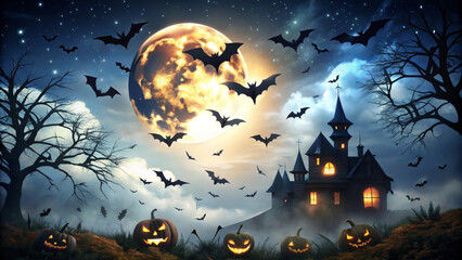 Fototapeta premium A spooky Halloween night scene features full moon illuminating haunted house surrounded by bats and carved pumpkins. atmosphere is eerie and enchanting, perfect for season