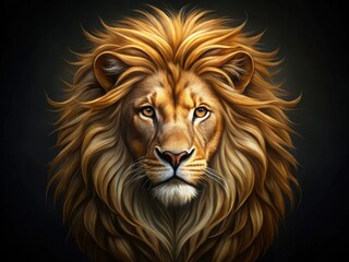 Fototapeta premium A majestic golden lion's head with a regal mane and powerful gaze, set against a contrasting dark background, perfect for logos and branding elements.