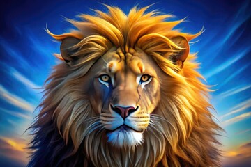 Fototapeta premium A majestic golden lion's head in bold lines and vibrant colors, with a regal mane and fierce expression, set against a bright blue background.