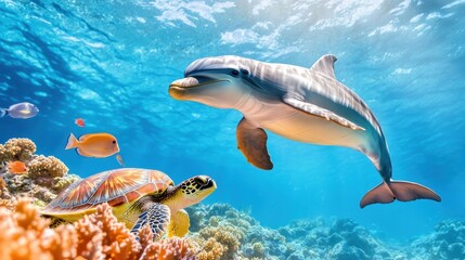 Obraz premium Dolphins and Turtles in Vibrant Coral Reef Scene