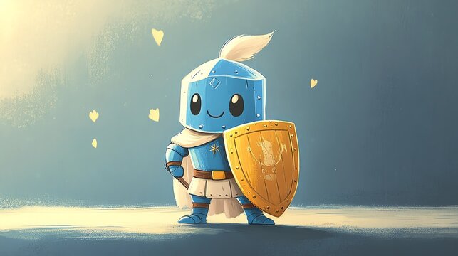 whimsical baby knight holding a shield, ready for adventure Cartoonish style, simple lines, soft pastel colors Friendly and inviting