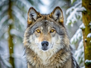 Fototapeta premium A majestic gray wolf stands proudly in a snow-covered forest, its piercing yellow eyes gazing directly into the camera, exuding wildness and freedom.