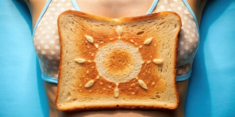 Close-up of burned toast bread with imprints of a swimsuit and vest from sunburn, concept of summer sun exposure and unhealthy tanning