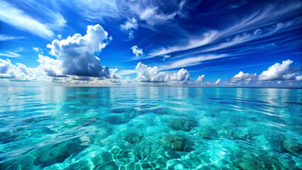 A beautiful blue sea background with clear turquoise water and fluffy white clouds under bright blue sky creates serene and tranquil atmosphere