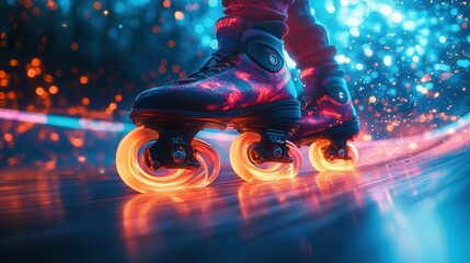 Close up of rollerblades in motion with glowing wheels conveying a dynamic and futuristic vibe The background is filled with vibrant and colorful lighting effects