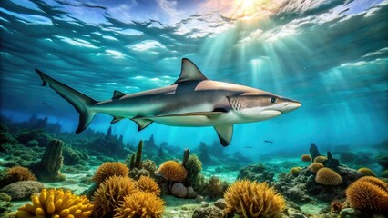 Fototapeta premium A majestic grey reef shark swims horizontally, its powerful tail propelling it through crystal-clear turquoise waters, surrounded by subtle coral reef and seaweed.