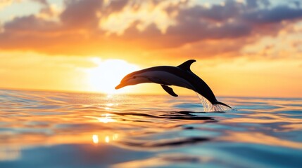 Dolphin Leaping at Sunset Over Calm Ocean Waters