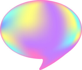 Cute rainbow dialog bubble shape with holographic glow plastic texture. Iridescent gradient glowing 3d speech bubble, Isolated vector element for social media marketing