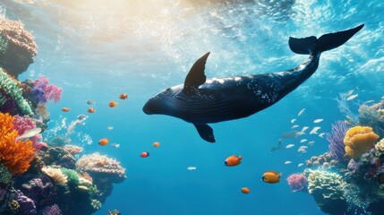 Obraz premium Majestic Whale Swimming in Vibrant Coral Reef Scene