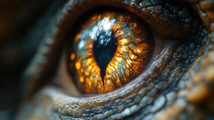 Fototapeta premium hyperrealistic dinosaur eye with bioluminescent patterns reflecting a primordial jungle scene in its reptilian pupil