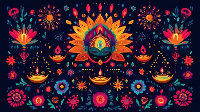 Colorful illustration of Diwali and Dussehra celebrations with diyas, fireworks, and rangoli designs