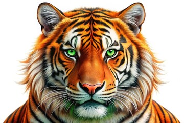 Fototapeta premium A majestic orange tiger with black stripes and piercing green eyes, rendered in vibrant, detailed digital illustration, set against a soft white background.