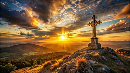 A majestic, ornate cross stands solitary on a windswept hilltop at sunset, its intricate stone carvings illuminated by warm golden light and dramatic shadows.