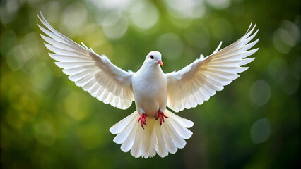 Obraz premium A white dove with wings spread wide gracefully soars through air, embodying peace and freedom against soft, blurred green background