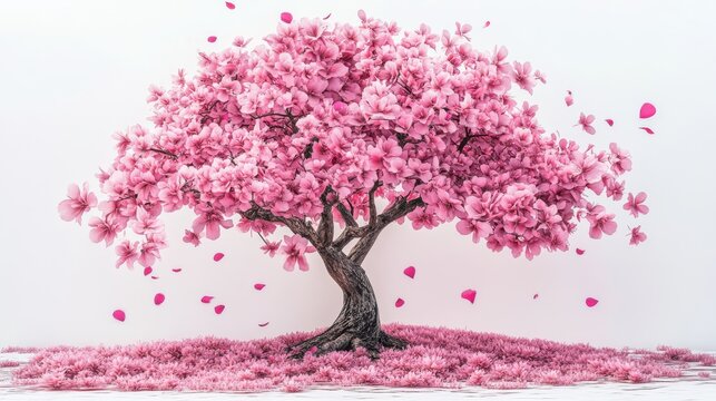 A beautiful pink cherry blossom tree with petals gently falling, creating a serene and tranquil atmosphere in nature.