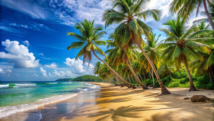 Obraz premium A serene beach scene featuring coconut trees swaying gently in breeze, with clear blue skies and soft waves lapping at golden sand. vibrant colors evoke sense of tranquility and relaxation