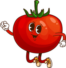 Cartoon groovy tomato thanksgiving character. Isolated vector cheerful ripe and red tomato vegetable, healthy food personage joyfully dancing, showcasing playful and funny expression with retro vibe