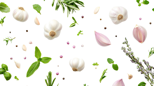 A vibrant seamless pattern featuring fresh vegetables like peas and onions, complemented by garlic and herbs, perfect for showcasing healthy cooking and organic ingredients