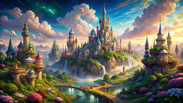 A magical city in fantasy land, featuring grand castle surrounded by lush landscapes, waterfalls, and vibrant flowers. scene evokes sense of wonder and adventure