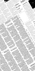 Obraz premium Vector white and black newspaper paper grunge vintage old aged texture with fragments of newspaper text Transparent background.