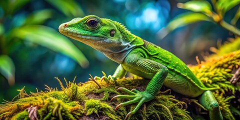 Fototapeta premium A green lizard perched on a mossy branch inside a realistic habitat aquarium with plants and natural elements