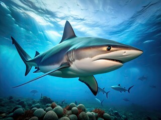 A menacing grey reef shark swims vertically towards the camera, its sharp teeth and piercing gaze commanding attention in the crystal-clear blue ocean water.