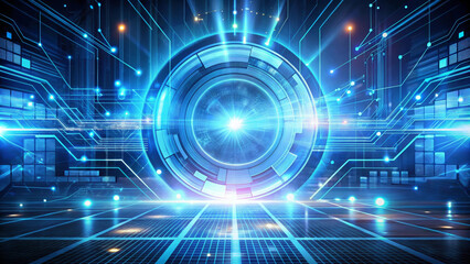 Obraz premium Futuristic technology background featuring glowing circular portal with intricate circuitry and vibrant blue light. This image evokes sense of advanced innovation and digital exploration