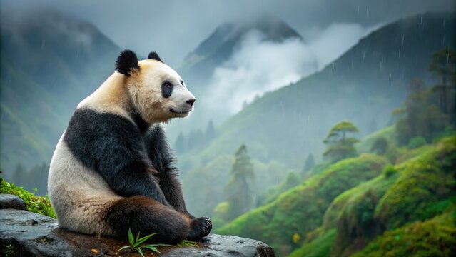 A melancholic giant panda sits alone on a misty mountainside, its fur dampened by rain, with a introspective gaze and a hint of sorrow.