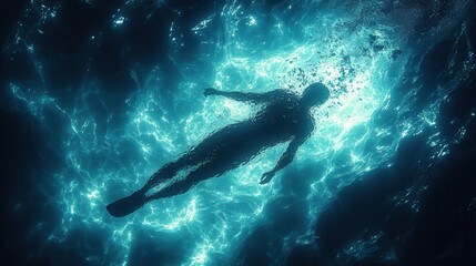Fototapeta premium An underwater silhouette of a swimmer seen from below They are swimming through the glimmering blue light of the ocean creating a serene ethereal effect on the water surface