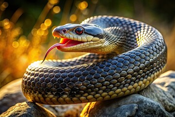 Fototapeta premium A menacing serpent coils on a rock, its scaly body glistening in the sunlight, with piercing eyes and a forked tongue, evoking a sense of eerie intensity.