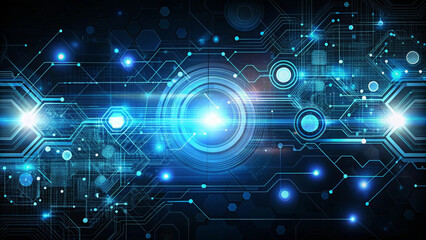 A futuristic technology background featuring glowing blue lights, circuit patterns, and hexagonal shapes, creating sense of innovation and connectivity