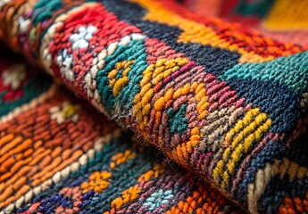 Fototapeta premium Close-up of Vibrant Moroccan Wool Rug Texture