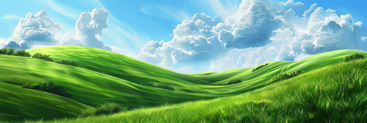 Obraz premium Green Grassy Hillside Background with Clouds Above