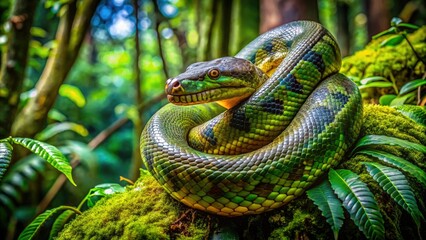 Fototapeta premium A mesmerizing close-up of a vibrant green anaconda coiled around a moss-covered tree branch, surrounded by lush tropical foliage in a dense jungle environment.