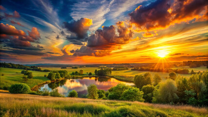Breathtaking sunset landscape with vibrant colors reflecting on serene lake, surrounded by lush greenery and rolling hills, creating peaceful and picturesque scene