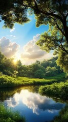 Fototapeta premium Serene landscape with trees, a river, and clouds under bright sunlight.