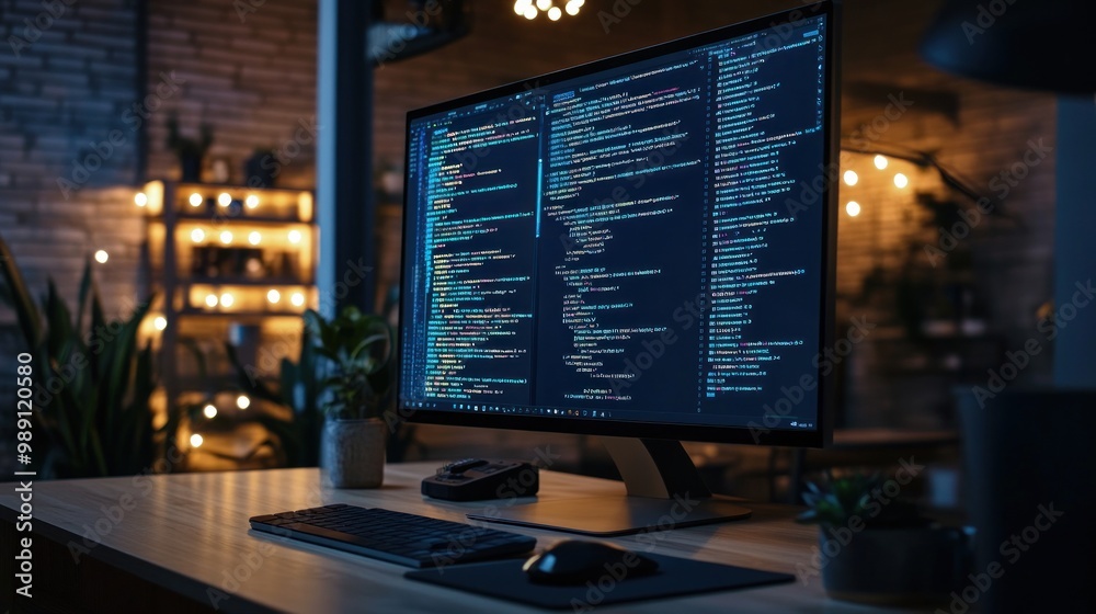 Poster a modern workspace with a computer displaying code in a cozy, dimly lit environment.