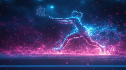 A stunning visual of a tennis player in motion with vibrant glowing effects captured as they extend for a serve creating a captivating neon trail. The neon lights highlight the dynamic motion