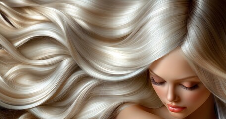 Hairdressing advertising salon poster banner long blonde blond wavy hair. Shampoo conditioner products. 