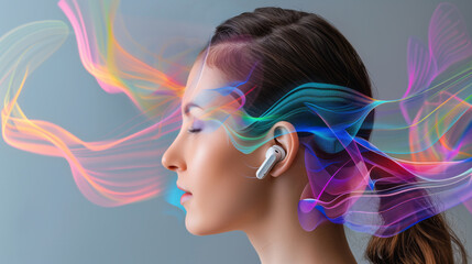 color visualization of music in the form of abstract lines at the side view head of a girl with wireless headphones, advertising online music
