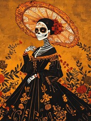 Fototapeta premium A vibrant illustration of a skeleton woman in an ornate black dress and colorful hat, surrounded by floral designs, celebrating the Day of the Dead.