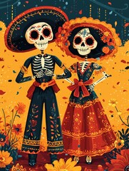 Fototapeta premium A colorful illustration of a skeleton couple dressed in traditional Mexican attire, celebrating Día de los Muertos against a vibrant floral backdrop.