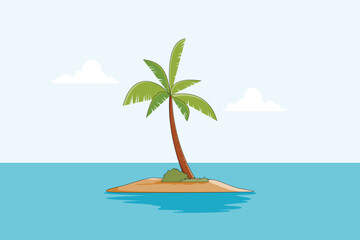 Illustration of isolated island with a coconut tree in the middle. Vector Illustration.