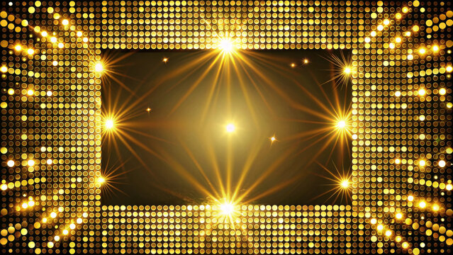 A dazzling gold disco lights frame creates vibrant atmosphere, perfect for events and celebrations. radiant lights and sparkling effects enhance festive mood